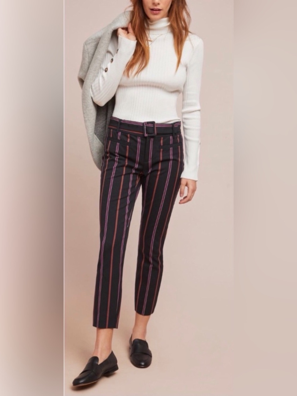 Anthropologie The Essential Slim Trouser Pants Pink Orange Stripe Cotton Belted